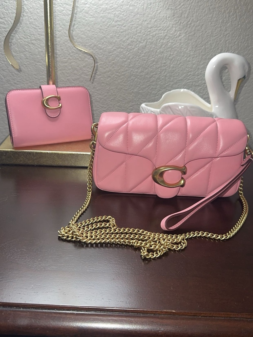Coach Flower Pink Tabby 19 Quilted Leather Chain Crossbody with Wallet